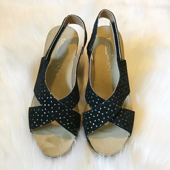 Toscanella Black Strappy Wedges Sz 6.5 - Picture 2 of 8